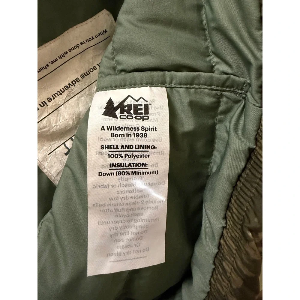 REI Co-op Kids Down Puffer Jacket Green Camo Print Full Zip Medium 10-12